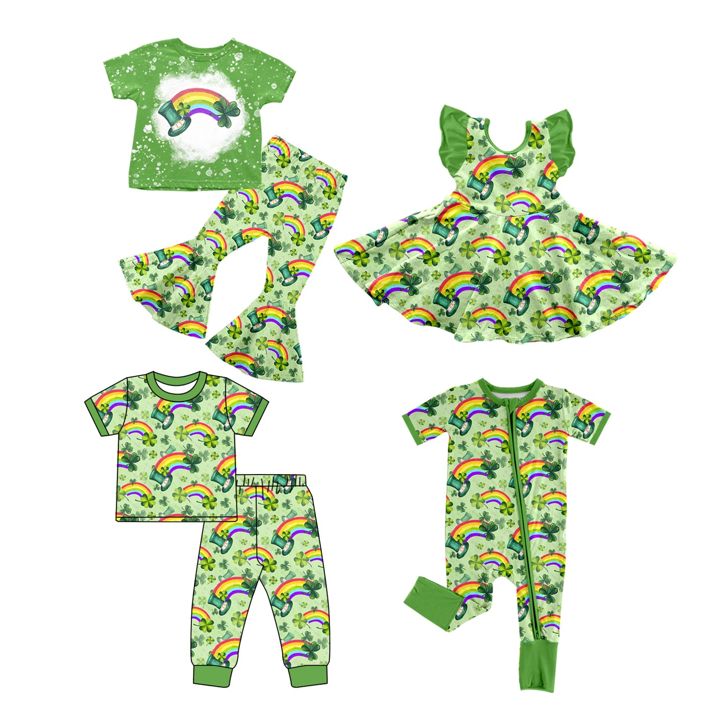 12.4 custom each style moq 5eta 4-6week Sibling Sister rainbow green baby girl sets 1 and sets 2 and dress and boy rompers match family design