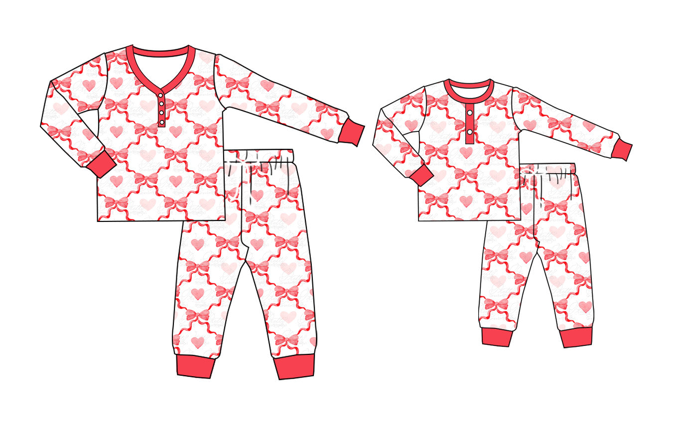 11.26 custom each style moq 5eta 4-6week Sibling Sister love bow baby girls long sleeve pants sets and adult sets match design