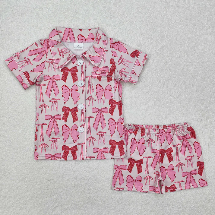 RTS no moq baby girls bow Short Sleeve Shorts pajamas sets
