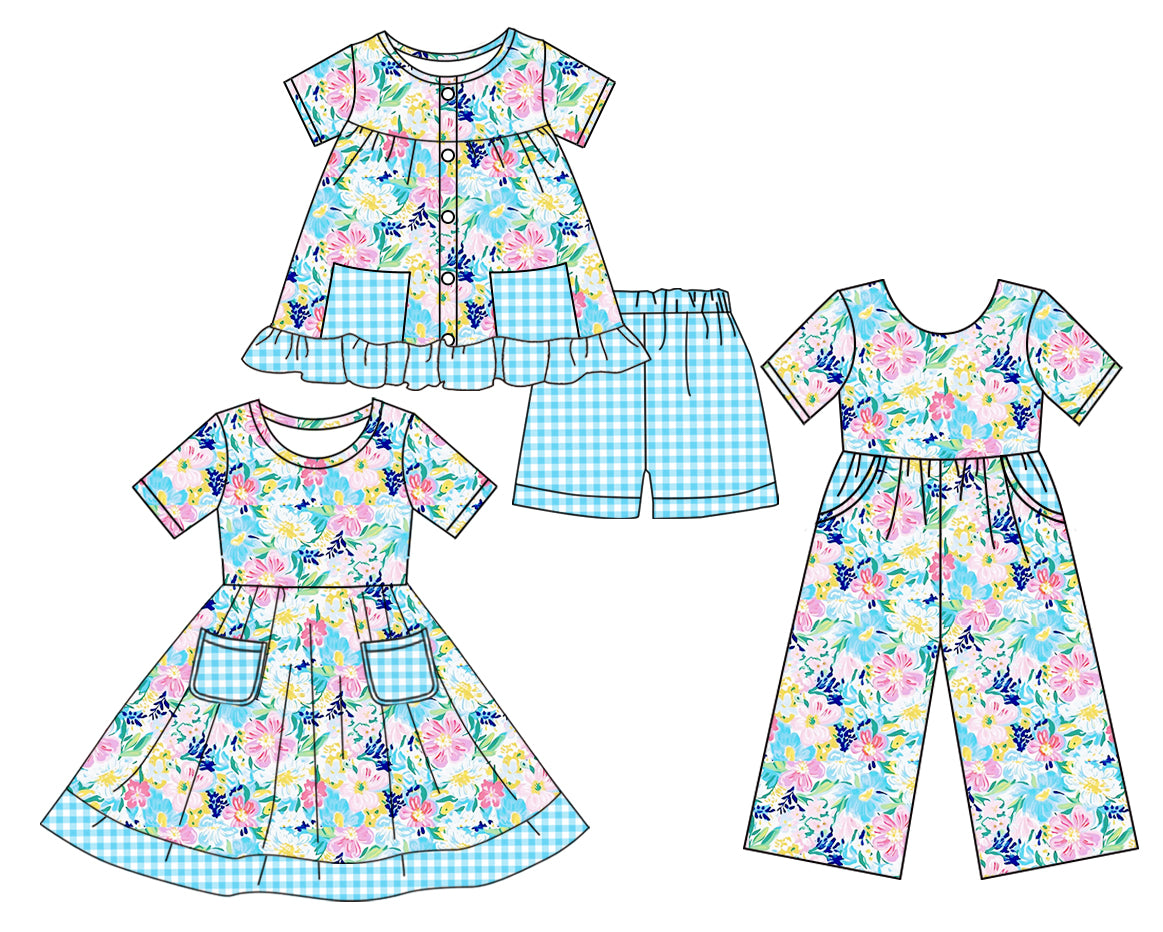 3.17 custom each style moq 5eta 4-6week Sibling Sister floral baby girl short sleeve shorts sets and dresses and jumpsuit match design