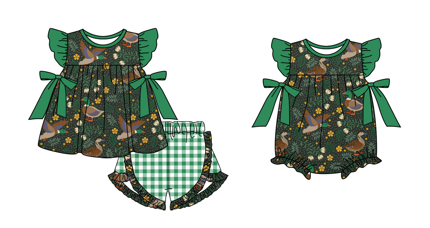 11.15 custom each style moq 5eta 4-6week Sibling Sister duck green baby girl short sleeve shorts sets and rompers match design
