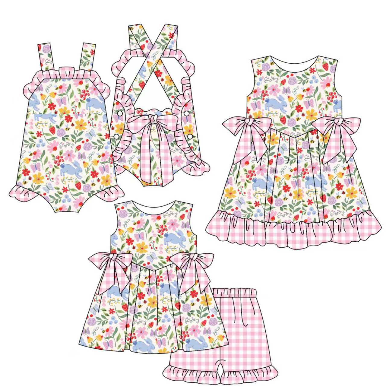 25.12.6 custom each style moq 5 eta 6-8week Sibling Sister bunny floral baby short sleeve shorts sets and romper and dress match design