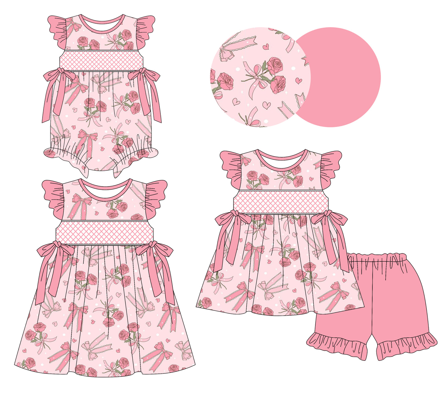 3.7 custom each style moq 5eta 4-6week Sibling Sisters bow floral baby girl short sleeve shorts sets and dress and rompers match family design