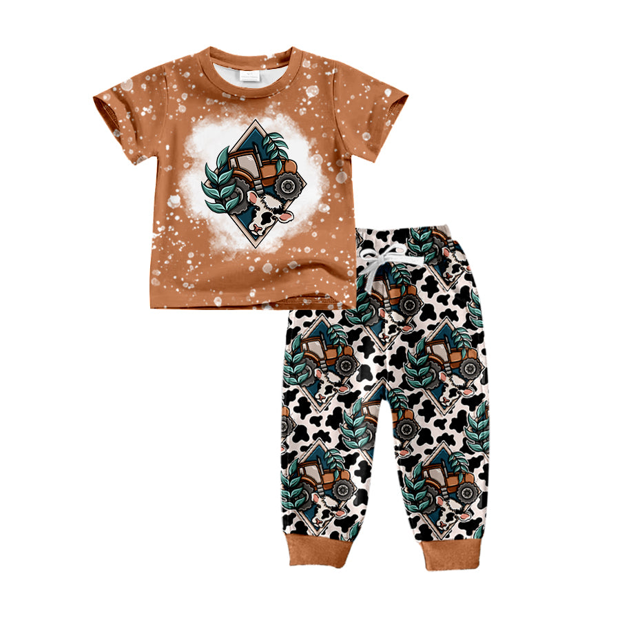 8.19 custom each style moq 5eta 4-6week baby boys clothes cow head brown short sleeve pants sets