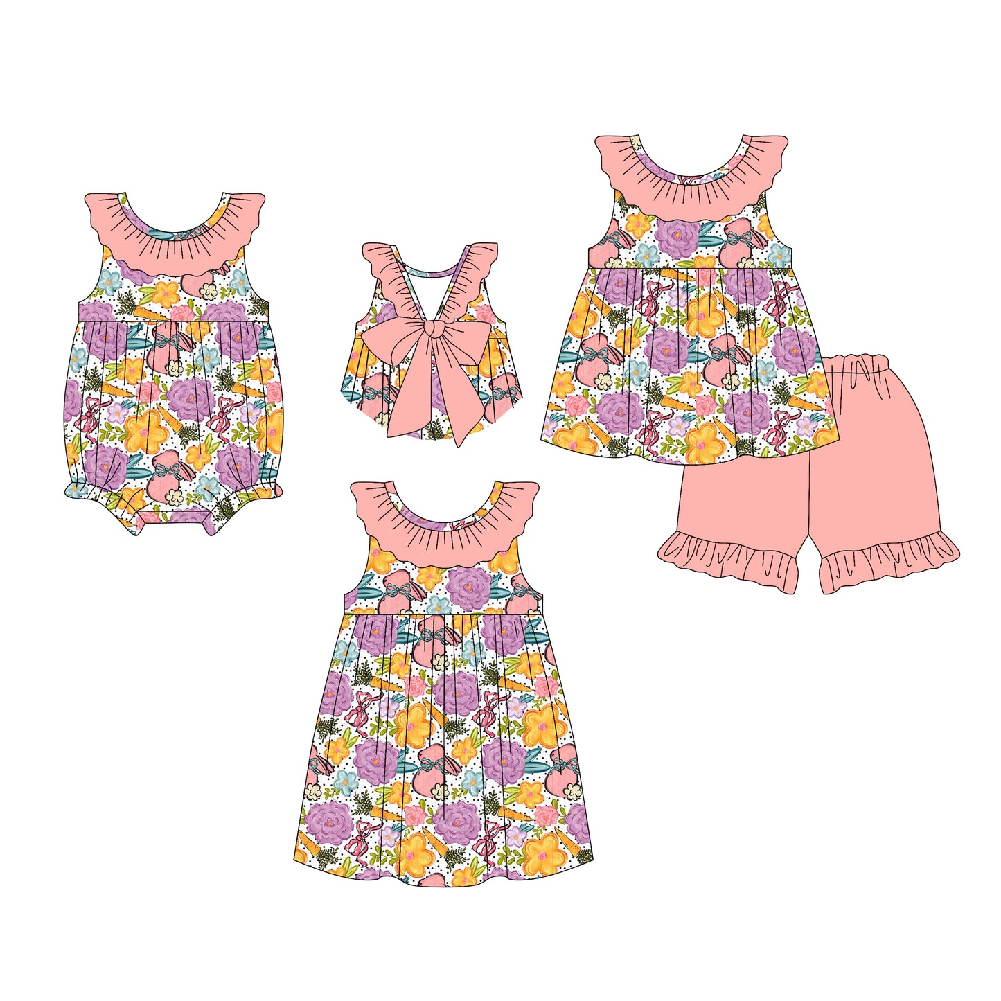 26.1.13 custom each style moq 5 eta 6-8week Sibling Sister floral bow baby short sleeve shorts sets and romper and dress match design