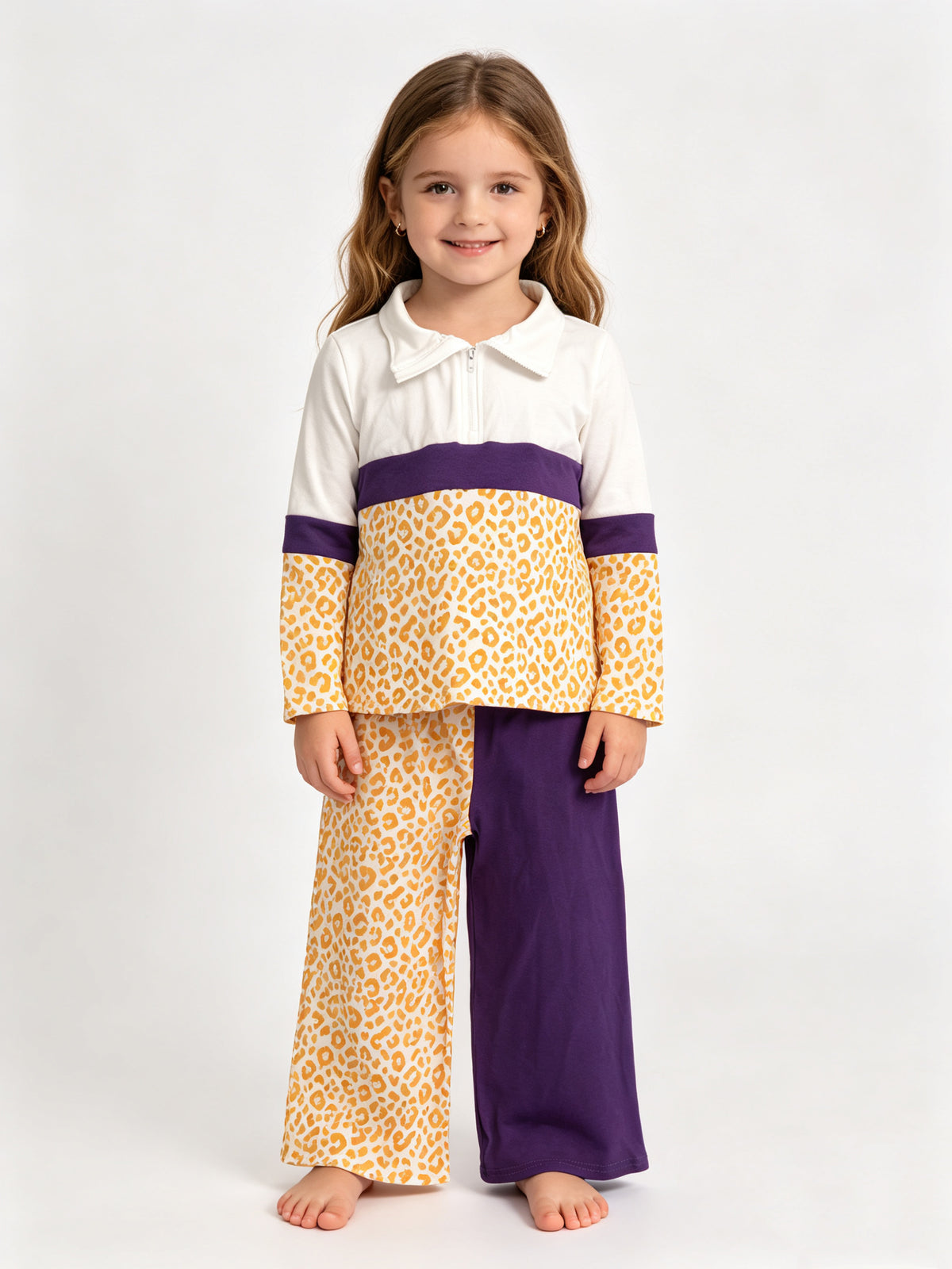 (Sample) No moq milk silk GLP3580 Baby Girls Color Block Purple Yellow Leopard Half Zip Collar Sweatshirt Wide Leg Pants Casual Outfit Set