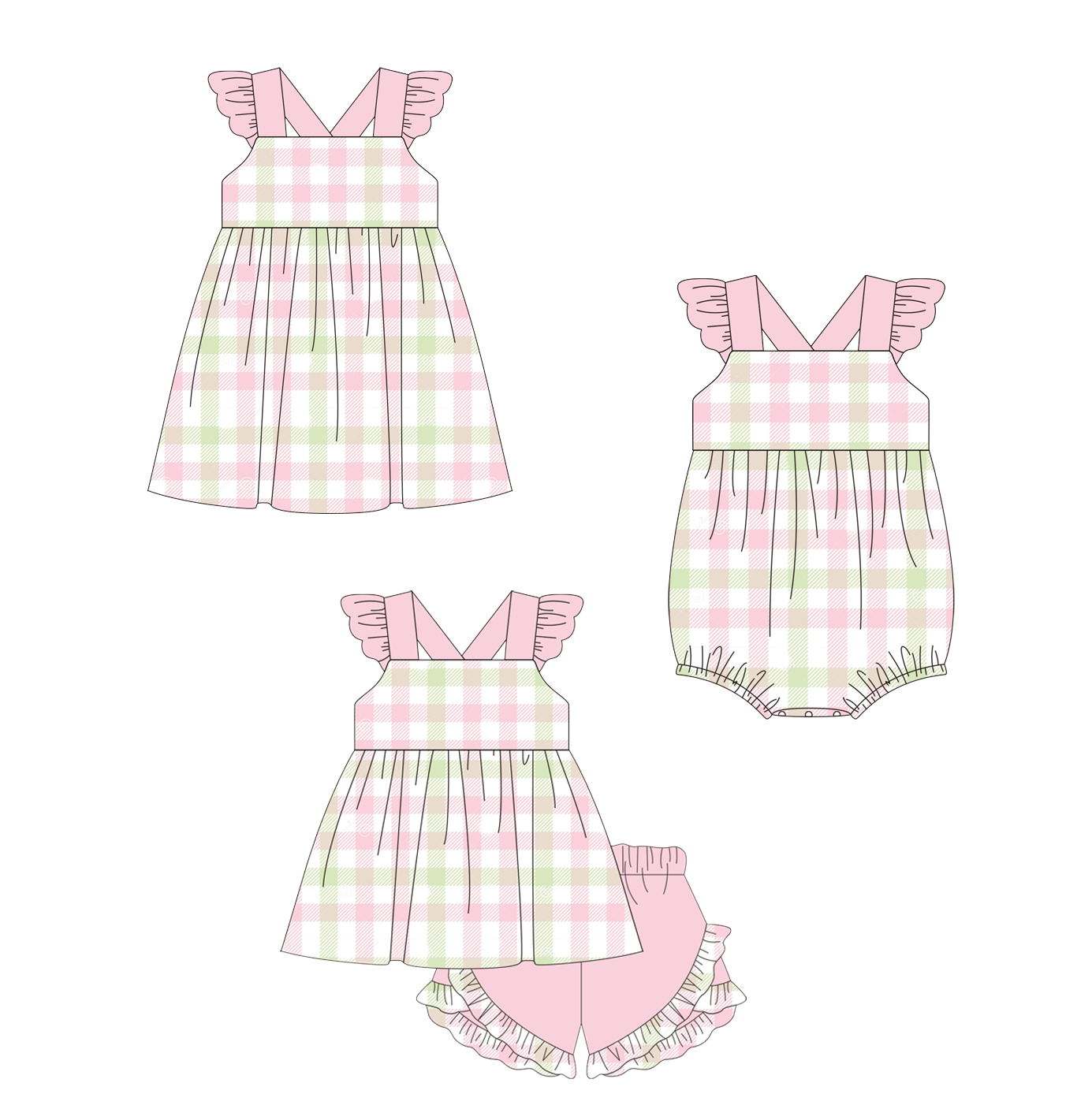 5.16custom each style moq 5eta 4-5week Sibling Sister pink-green plaid pink girls romper and set