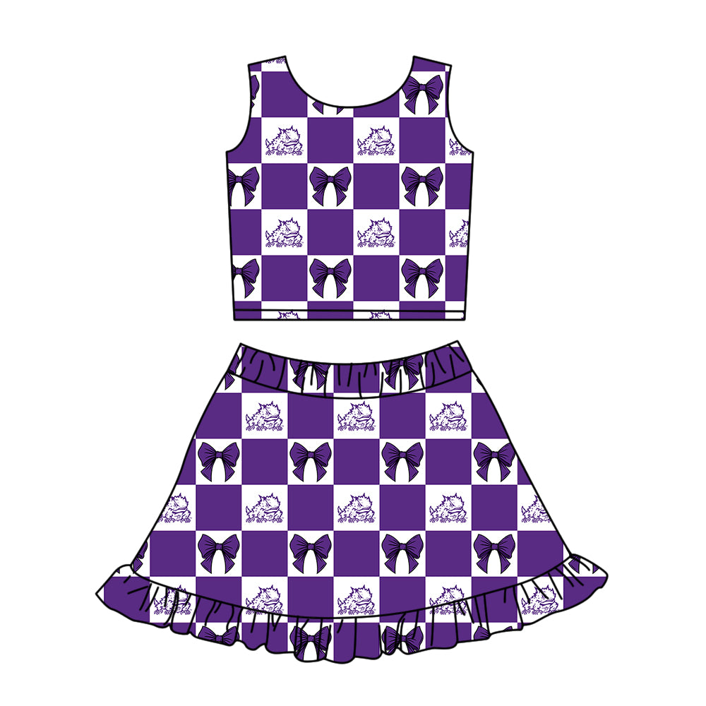 Custom moq 3 or 5 mix size milk silk summer teams baby girl clothes bow purple sleeveless skirts sets-26.1.26