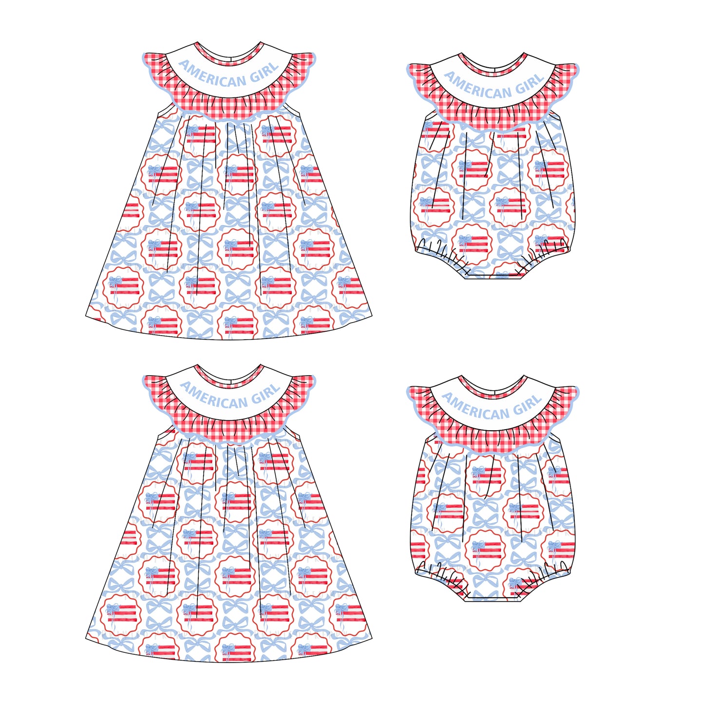 4.22 custom each style moq 5eta 4-6week Sibling Sisters AMERICAN GIRL flag bow baby girl short sleeve dress and rompers match family design