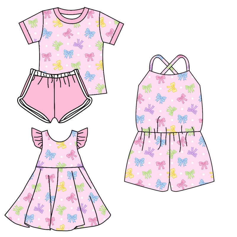 3.11 custom each style moq 5eta 4-6week Sibling Sisters bow baby girl short sleeve shorts sets and dress and jumpsuit match family design