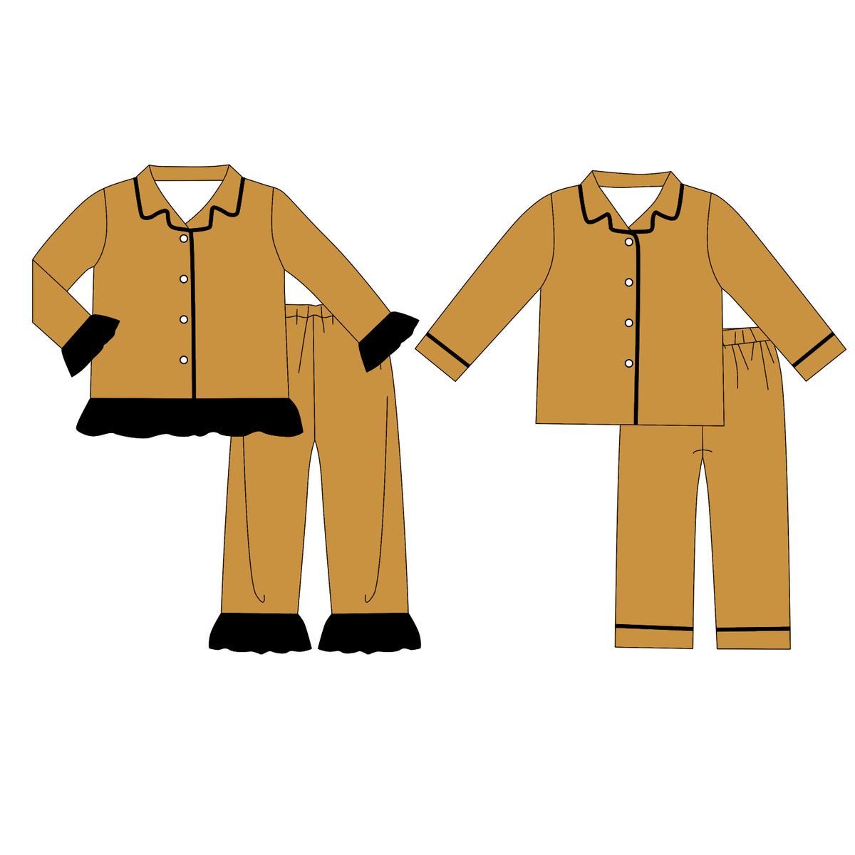 custom moq 5 mix size Baby Boys And Girls Mustard Yellow Black Long Sleeve Collared Button Down Pant Pajama Set Kids Sleepwear Set