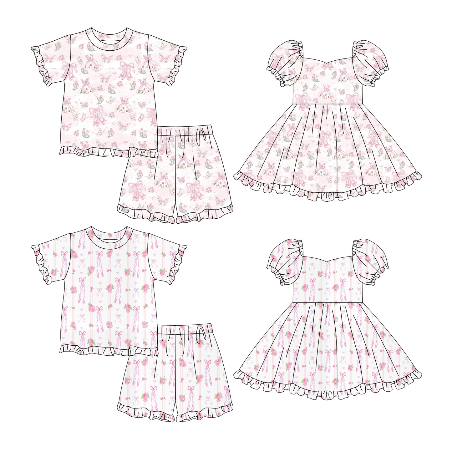 Custom moq 5 mix size Sibling Pink Short-Sleeved Pajama Set with Shorts for Baby Girl Cute Dress Style Sleepwear for Little Girls
