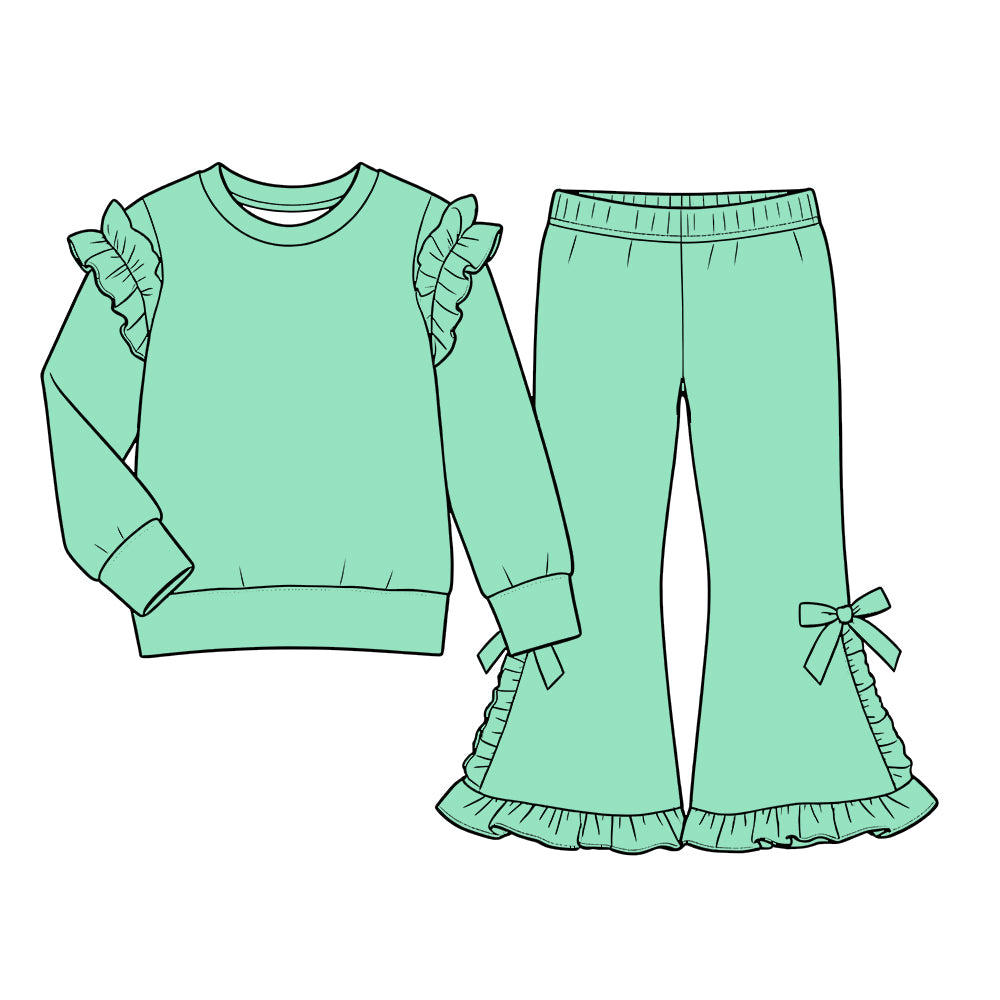 Custom moq 5 cotton fabric girls ruffle sets solid color blank Mint green lace-trim long-sleeve sweatshirt and side-bow flared pants set