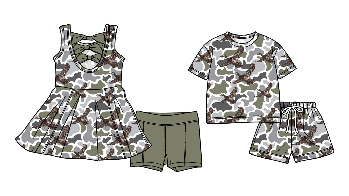 3.6 Custom moq 5 mix size Sibling Baby Girls Camouflage Sleeveless Back Bows Tunic Shorts Matching Short-Sleeved Shorts Set