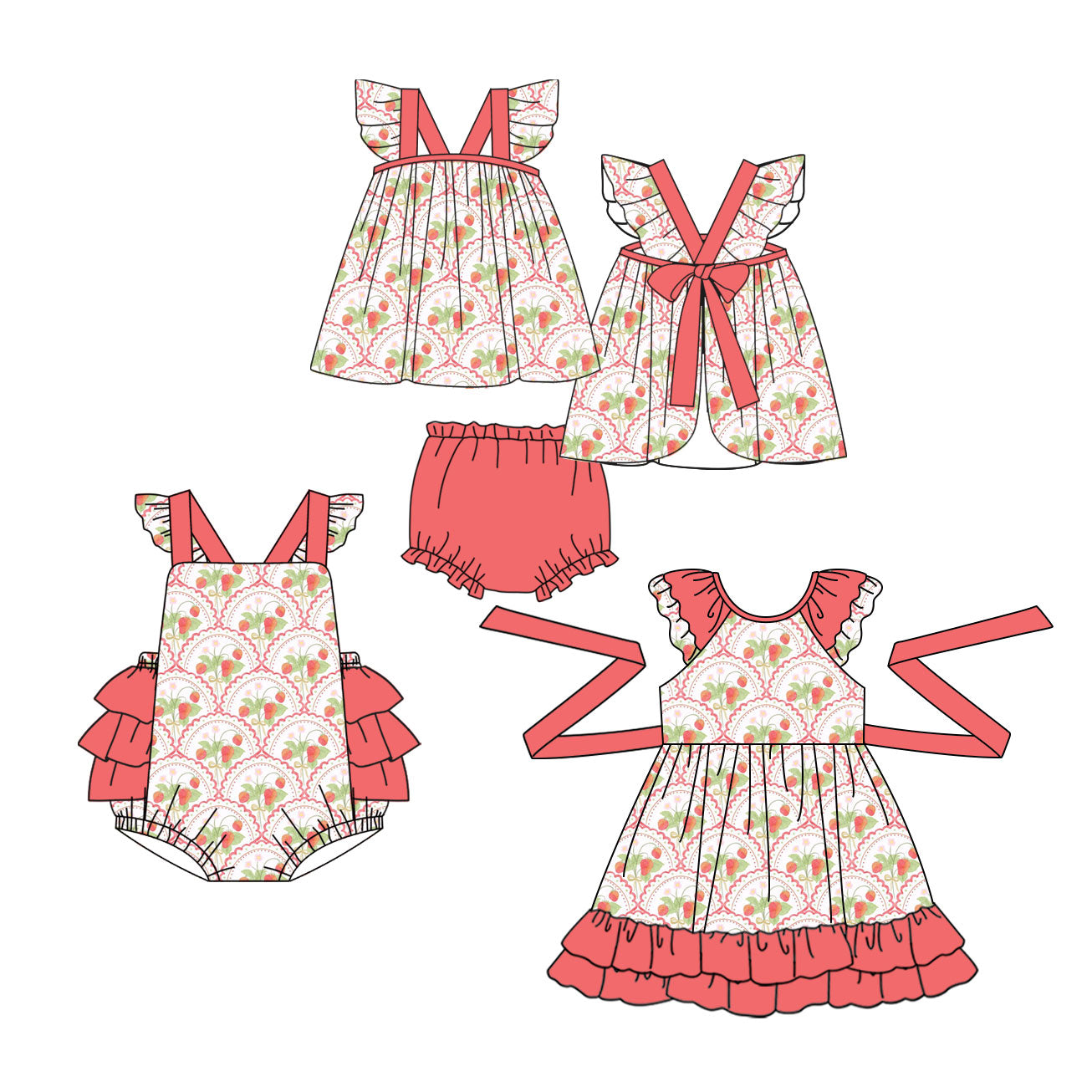 3.30 Custom moq 5 mix size Sibling Baby Girl's Flowers Flutter Sleeve Top Bummie sets Cute Romper Dress for Summer