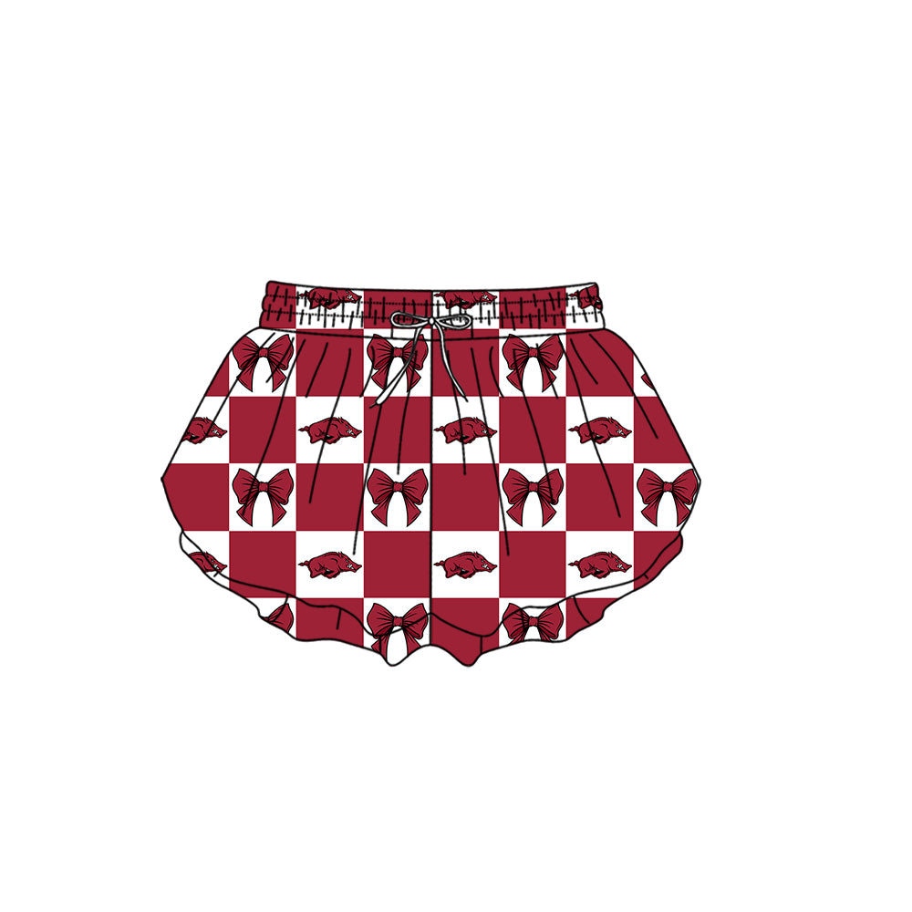 Custom moq 3 or 5 mix size milk silk summer teams baby girl clothes bow dark red summer shorts-26.1.17