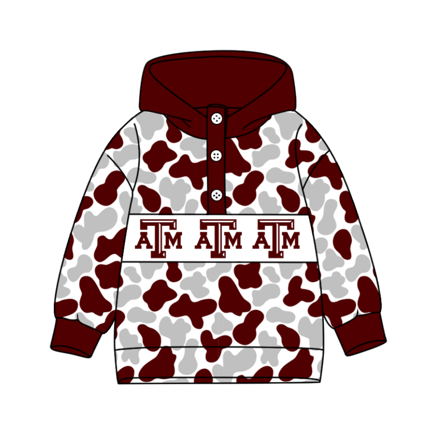 1-Custom moq 8 mix size milk silk summer team baby boy clothes camouflage brick red and gray hooded long sleeve top-25.10.9