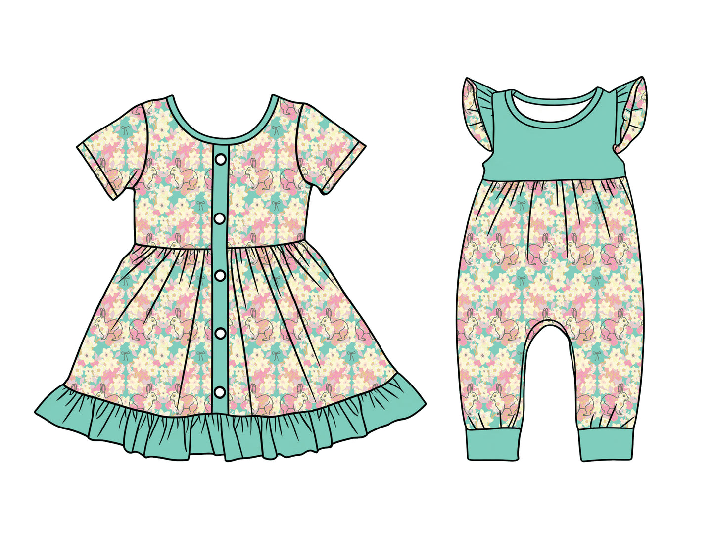 25.12.17 custom each style moq 5 eta 6-8week Sibling Sister bunny floral baby short sleeve romper and dress match design