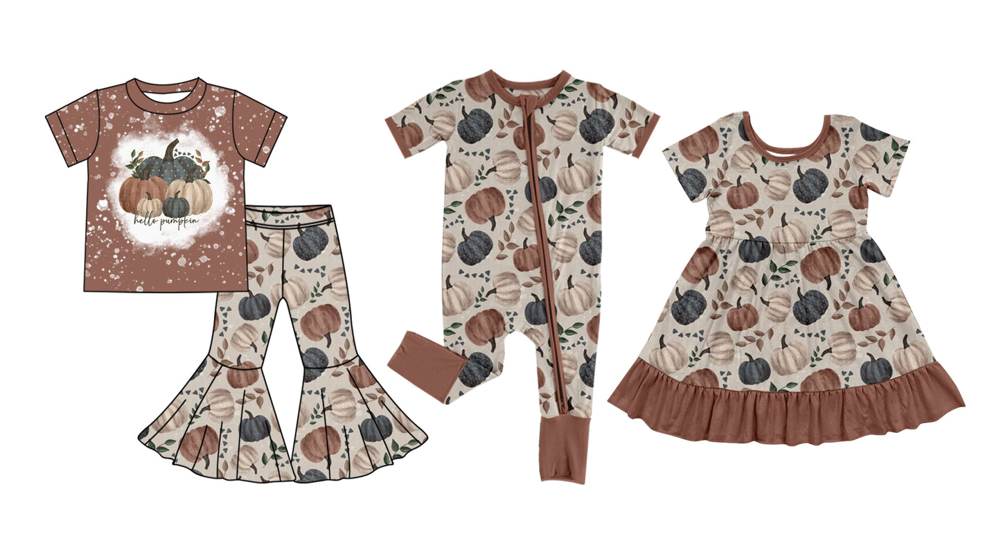 5.5 custom each style moq 5eta 4-6week Sibling Sisters pumpkin baby girl short sleeve pants sets and dress and rompers match family design