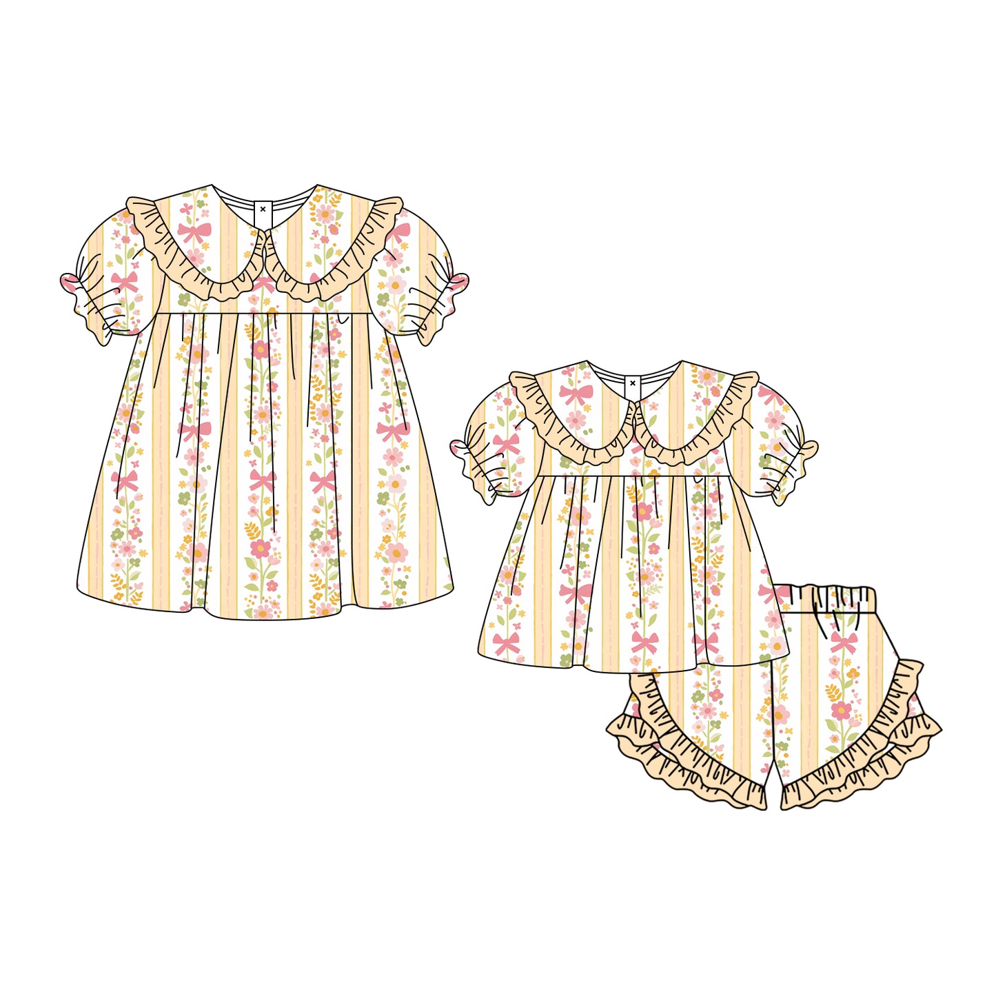4.3 Custom moq 5 mix size Sibling Baby Girl's Flowers Short-Sleeved Top with Bow And Short Set Cute Short-Sleeved Dress for Summer