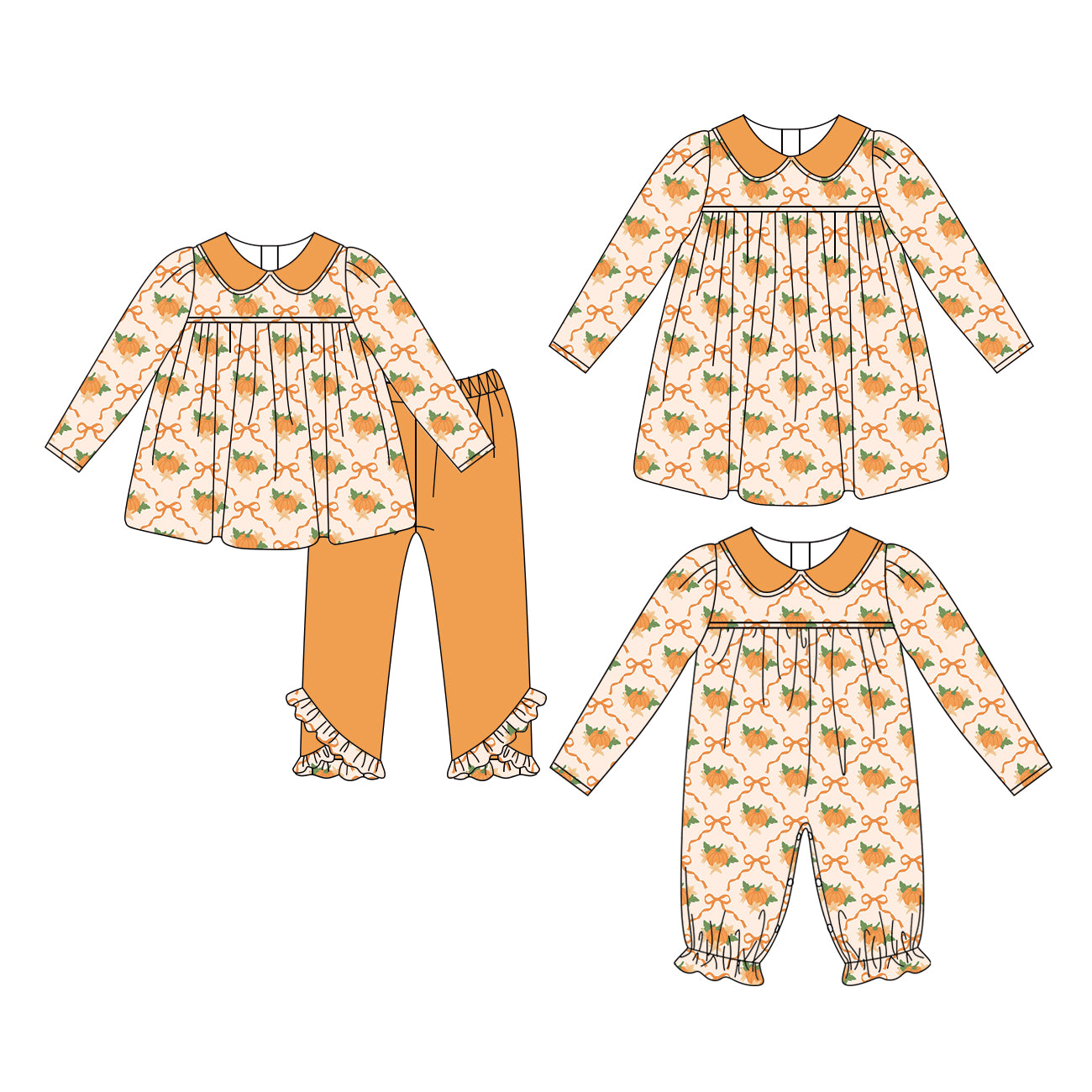 4.13 Custom moq 5 mix size Sibling Baby Girl's Pumpkin Bow Long-Sleeved Pants Set Matching Romper And Dress Outfit Set