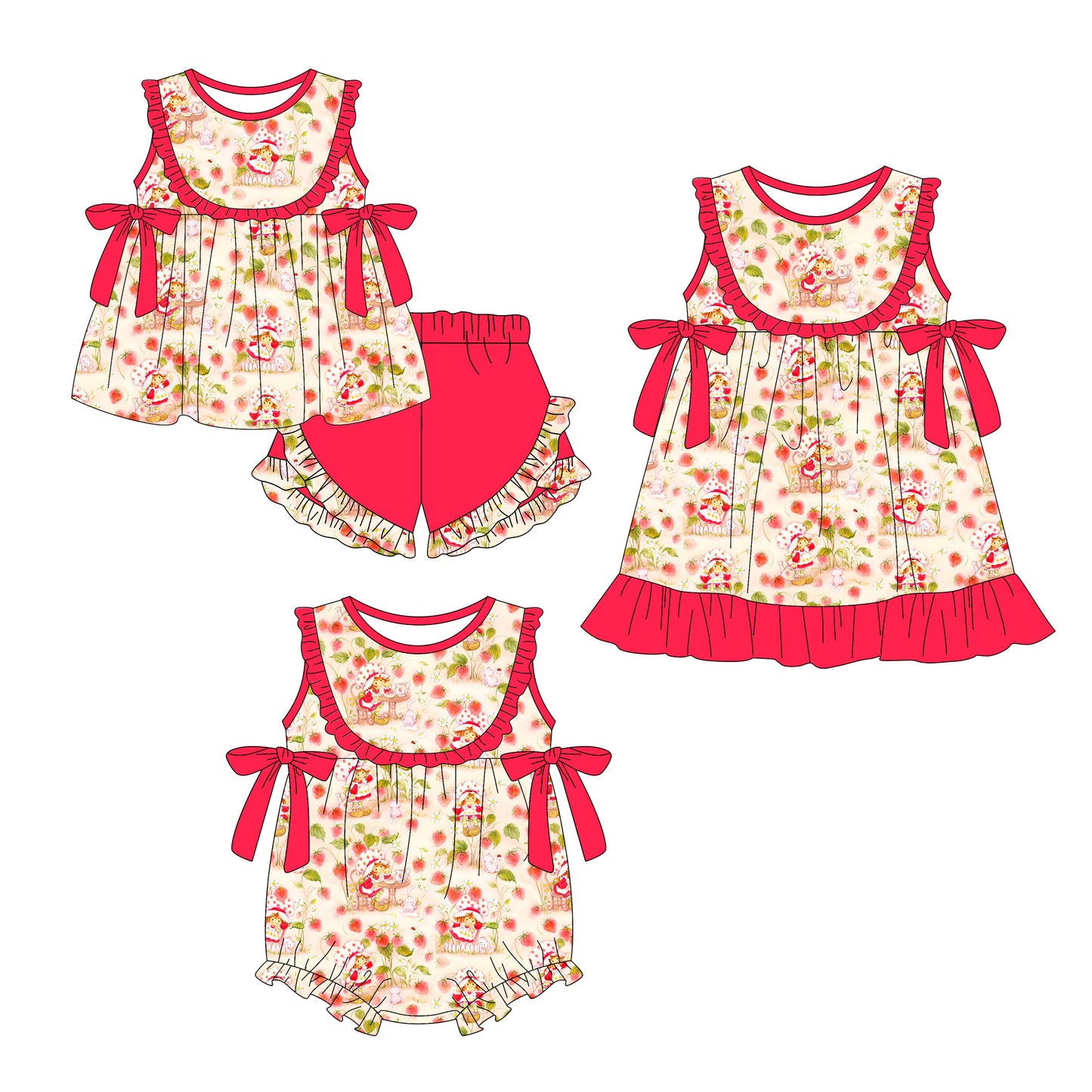 3.26 Custom moq 5 mix size Sibling Baby Girl's Strawberry Sleeveless Tunic Ruffle Shorts Set Cute Romper Dress for Summer