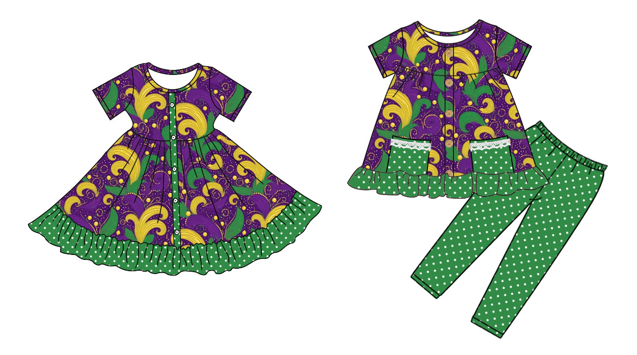 25.9.10 custom each style moq 5eta 4-6week Sibling Sisters mardi gras baby girl short sleeve pants sets and dress match family design