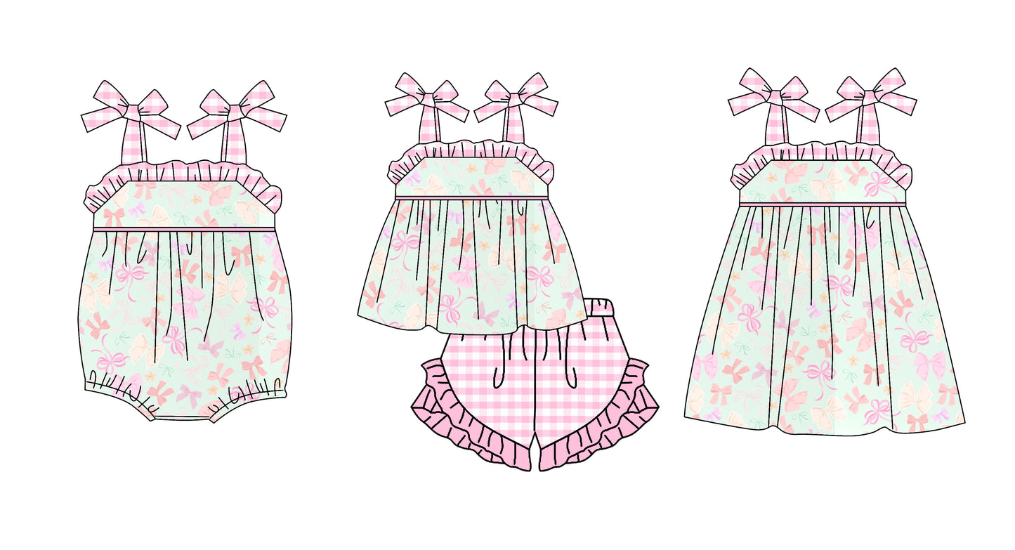 3.20 Custom moq 5 mix size Sibling Baby Girl's Bows Strap Top And Short Set Matching Romper Dress for Summer