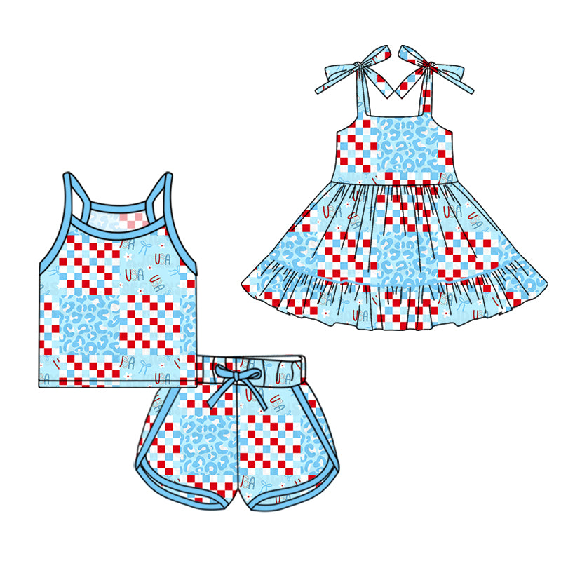 3.31 Custom moq 5 mix size Sibling Baby Girl's Checked 4th of July Strap Top Shorts Set Cute Dress for Summer