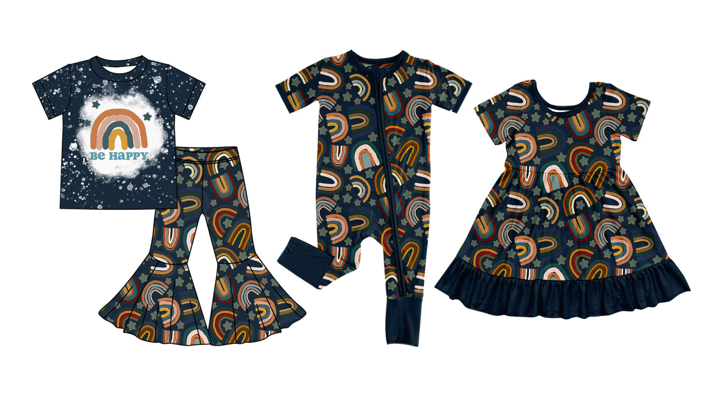 12.6 custom each style moq 5eta 4-6week Sibling Sister BE HAPPY baby girl sets and dress and rompers match family design