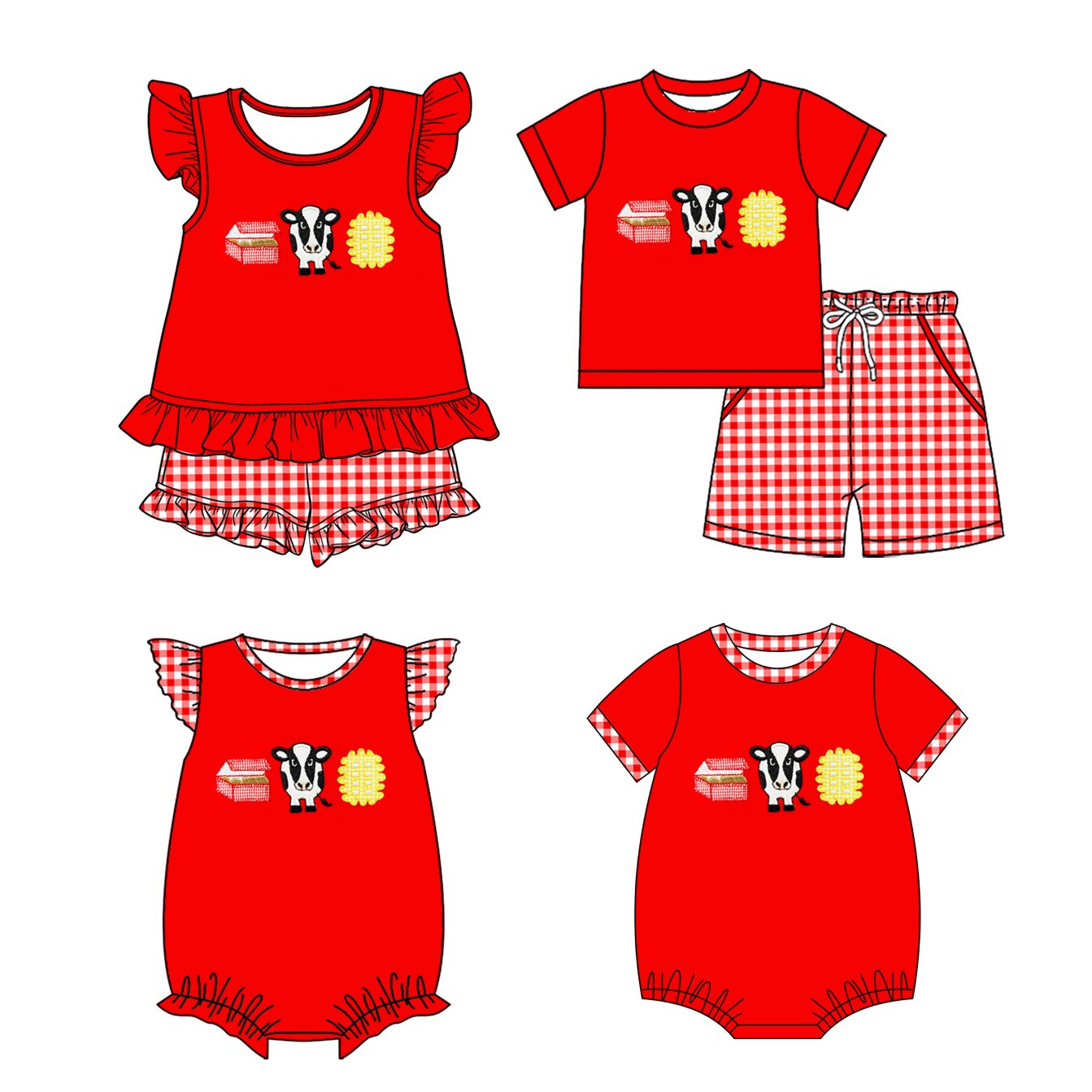 26.1.21 custom each style moq 5 eta 6-8week Sibling Sister cow red baby short sleeve shorts sets 2 and romper 2 match design