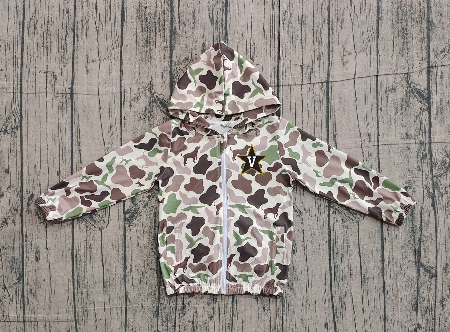 Custom moq 5 mix size milk silk baby boys clothes team summer camouflage zipper hooded long sleeve top-25.11.22