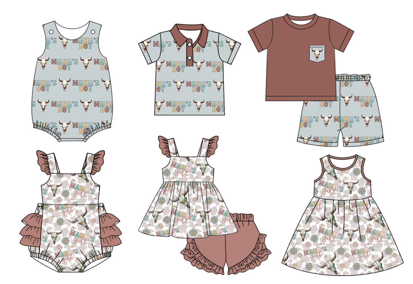 11.23 custom each style moq 5eta 4-6week Sibling Sister cow head baby girl short sleeve shorts sets and sets 2 and girls romper and boy romper and dress and top match design