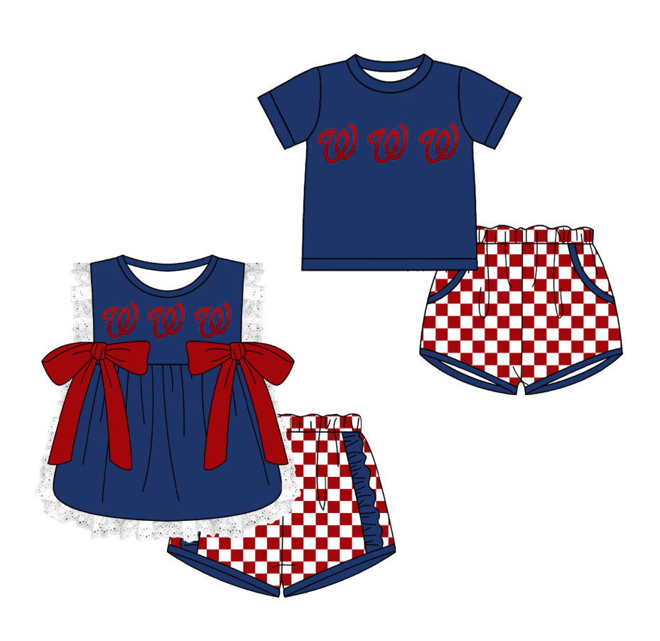 Custom moq 5 mix size milk silk summer teams Navy Blue Girl Sleeveless Top And Plaid Shorts Set with Bow Boy Short Sleeved Top And Plaid Shorts Set