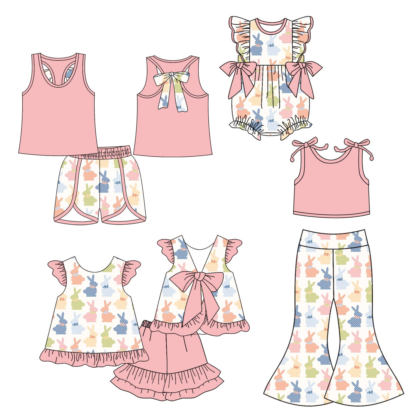 25.10.15 custom each style moq 5 eta 6-8week Sibling Sisters bunny baby girl short sleeve shorts sets 1 and sets 2 and pants sets and rompers match family design