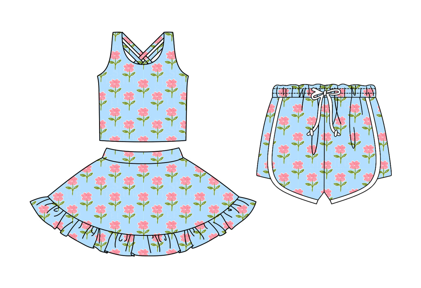 Custom moq 5 mix size Sibling Baby Girls Floral Print Blue Sleeveless Top And Skirt Set with Shorts Cute Toddler Outfit