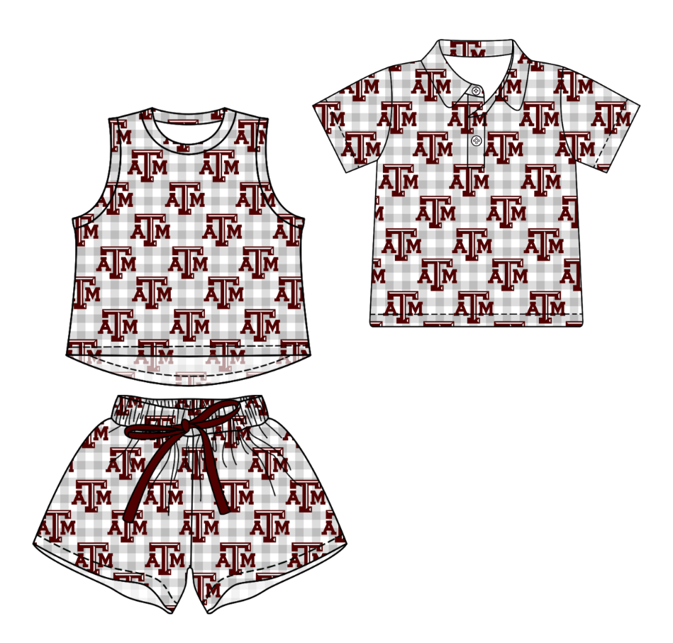 Custom moq 5 mix size milk silk summer teams Girls Grey Sleeveless Top And Short Sets Boys Short Sleeve Checked Button Polo Shirt Top