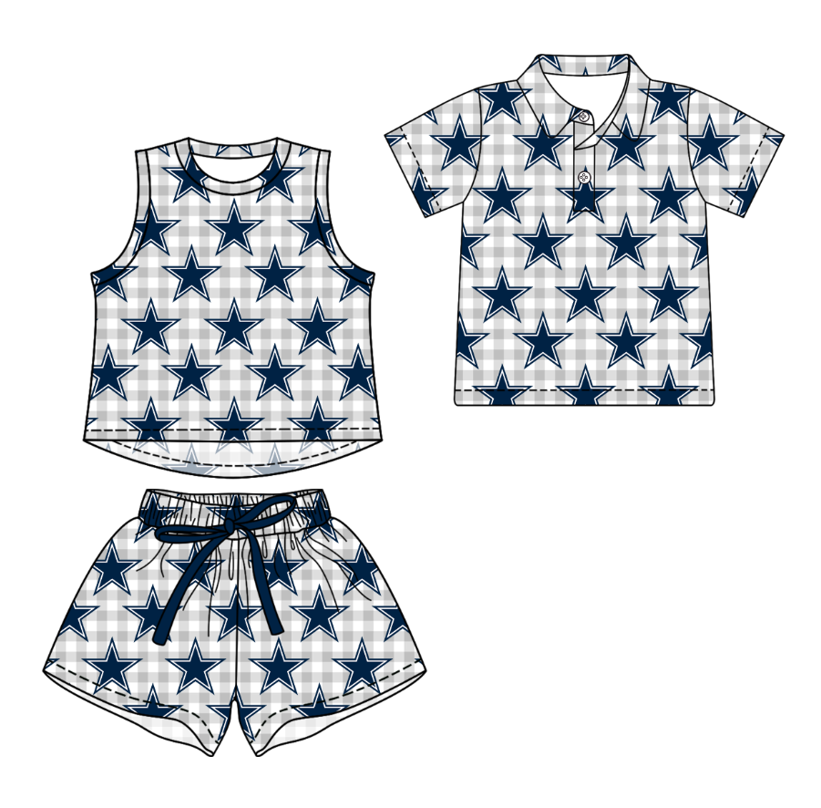 Custom moq 5 mix size milk silk summer teams Girls Grey Checked Top And Short Sets Boys Short Sleeve Button Polo Shirt Top