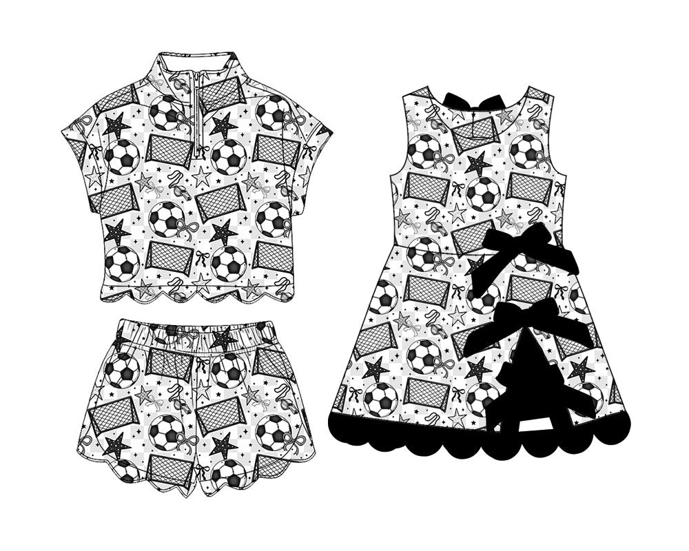 4.2 Custom moq 5 mix size Sibling Baby Girls Black Footballs Bows Zipper Top Short Scallop Sets Yoga Dress Outfit