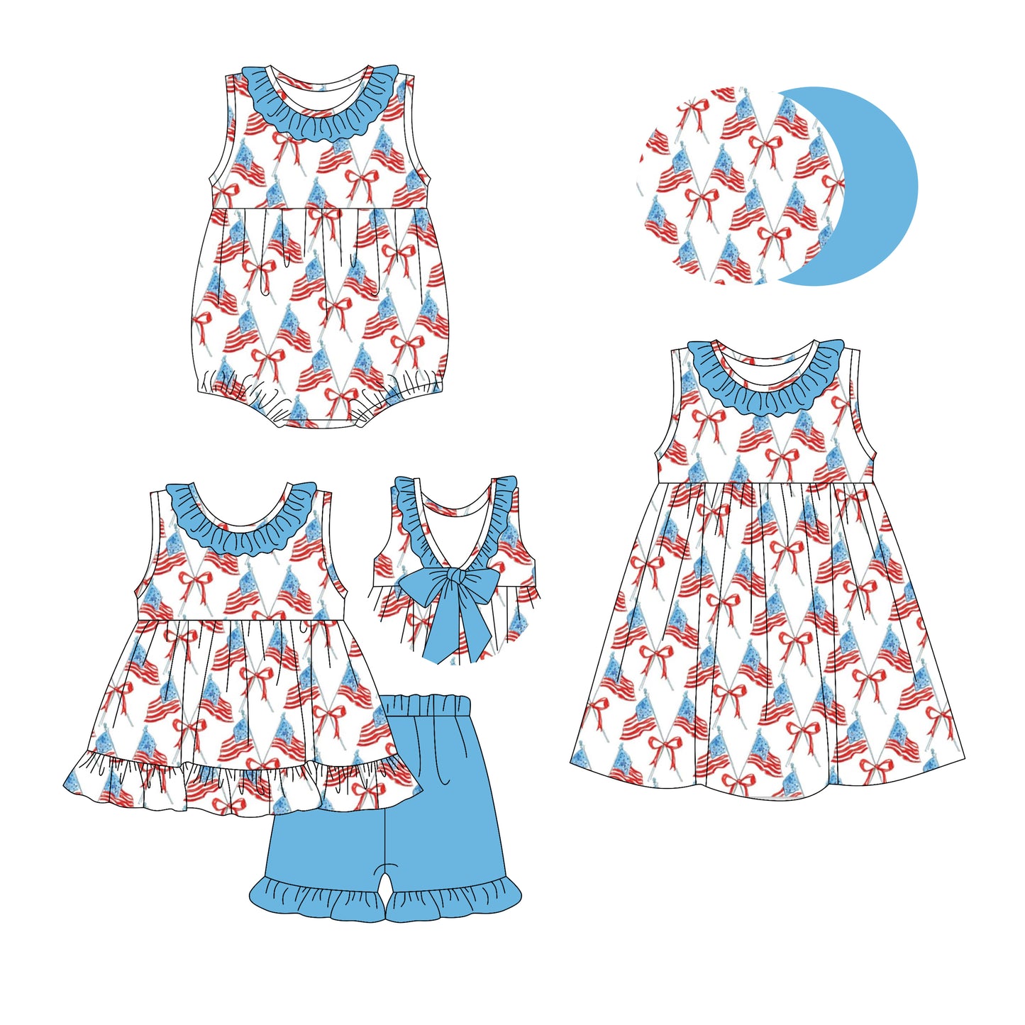 2.25 custom each style moq 5eta 4-6week Sibling Sisters flag bow baby girl short sleeve shorts sets and dress and rompers match family design