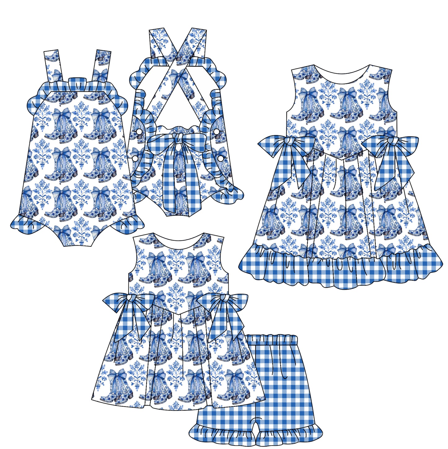2.18 custom each style moq 5eta 4-6week Sibling Sisters boots bow baby girl short sleeve shorts sets and dress and rompers match family design