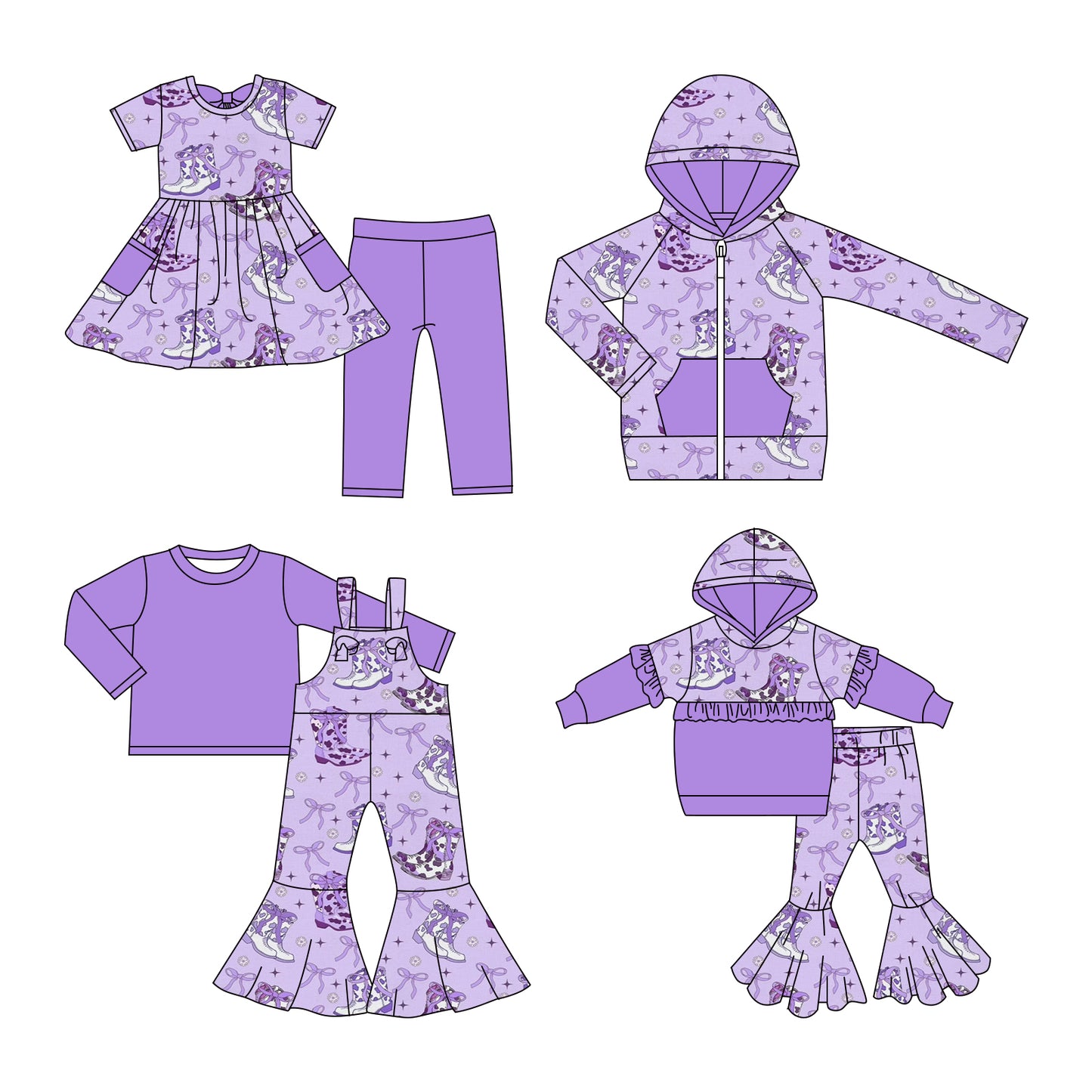 25.11.7 custom each style moq 5 eta 6-8week Sibling Sisters boot bow purple baby girl hooded long sleeve pants sets and top and and short pants sets and jumpsuit set match family design