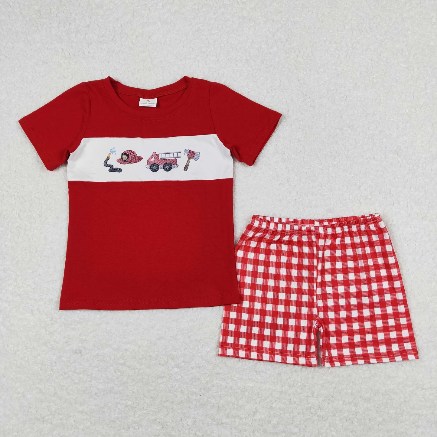 RTS NO MOQ(In Stock) Fire engine red short sleeve plaid shorts suit