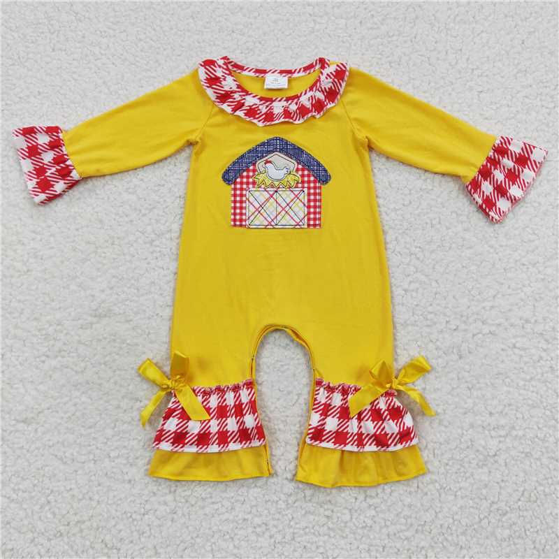 RTS NO MOQ(In Stock) LR0383 Baby Girl clothes long sleeve bodysuit with embroidered farm