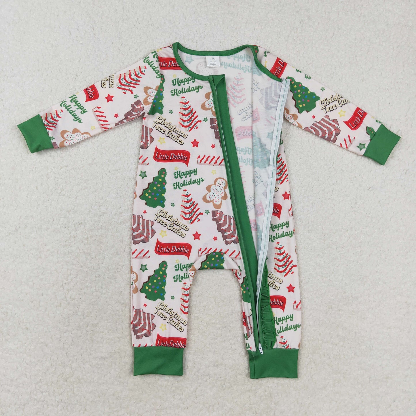 RTS NO MOQ(In Stock) LR1056 happy holidays modal Christmas tree cookie green lace zipper long sleeve jumpsuit