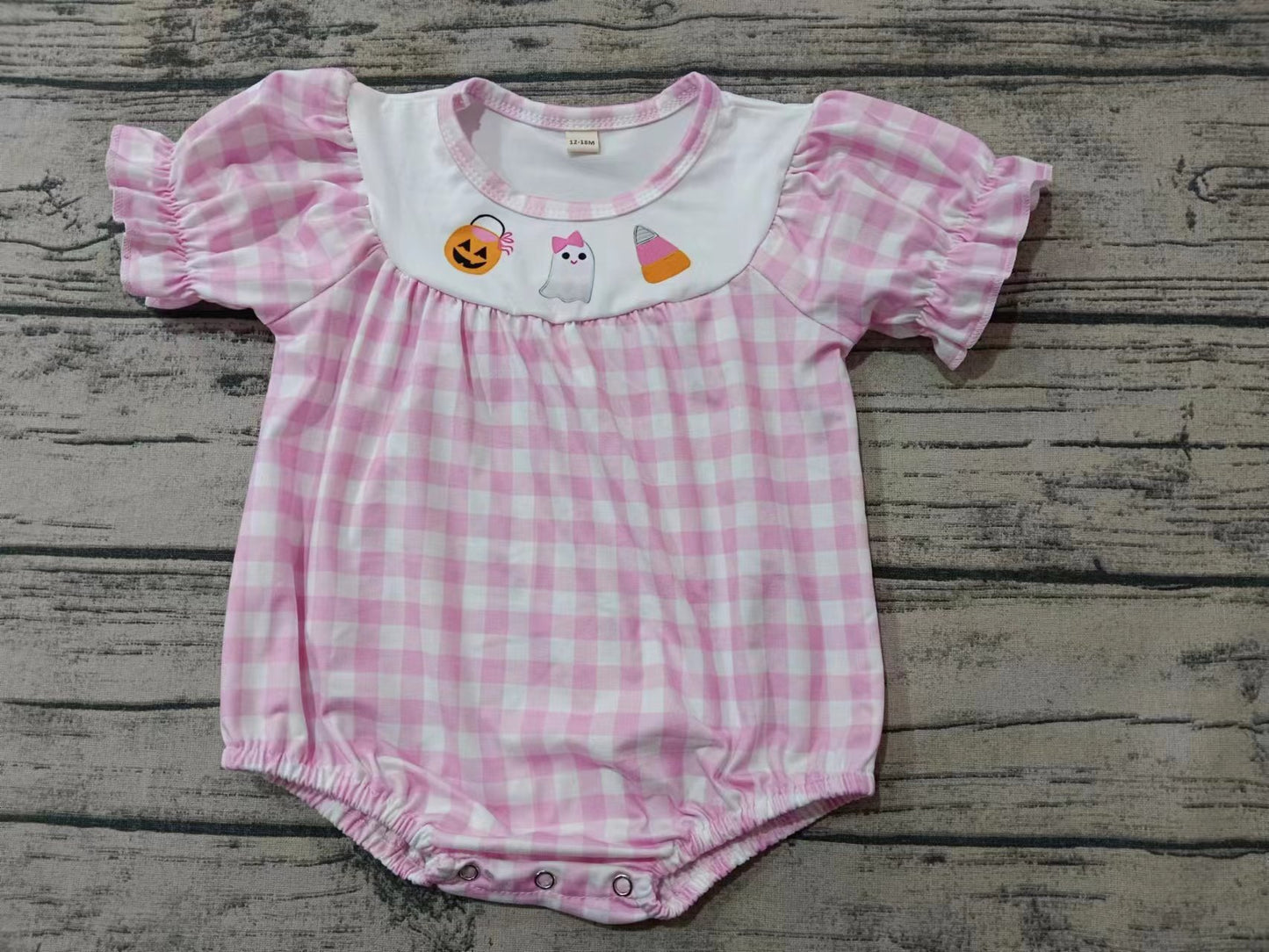 Custom moq 3 eta 6-7weeks Pink plaid short-sleeved romper with embroidered pumpkin-ghost-rice ball pattern