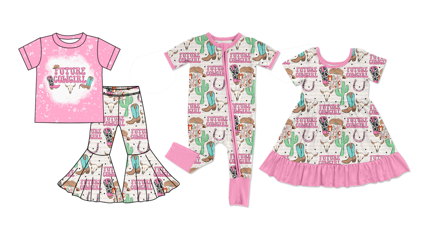 11.26 custom each style moq 5eta 4-6week Sibling Sister cow head hat boot baby girl sets and dress and rompers match family design