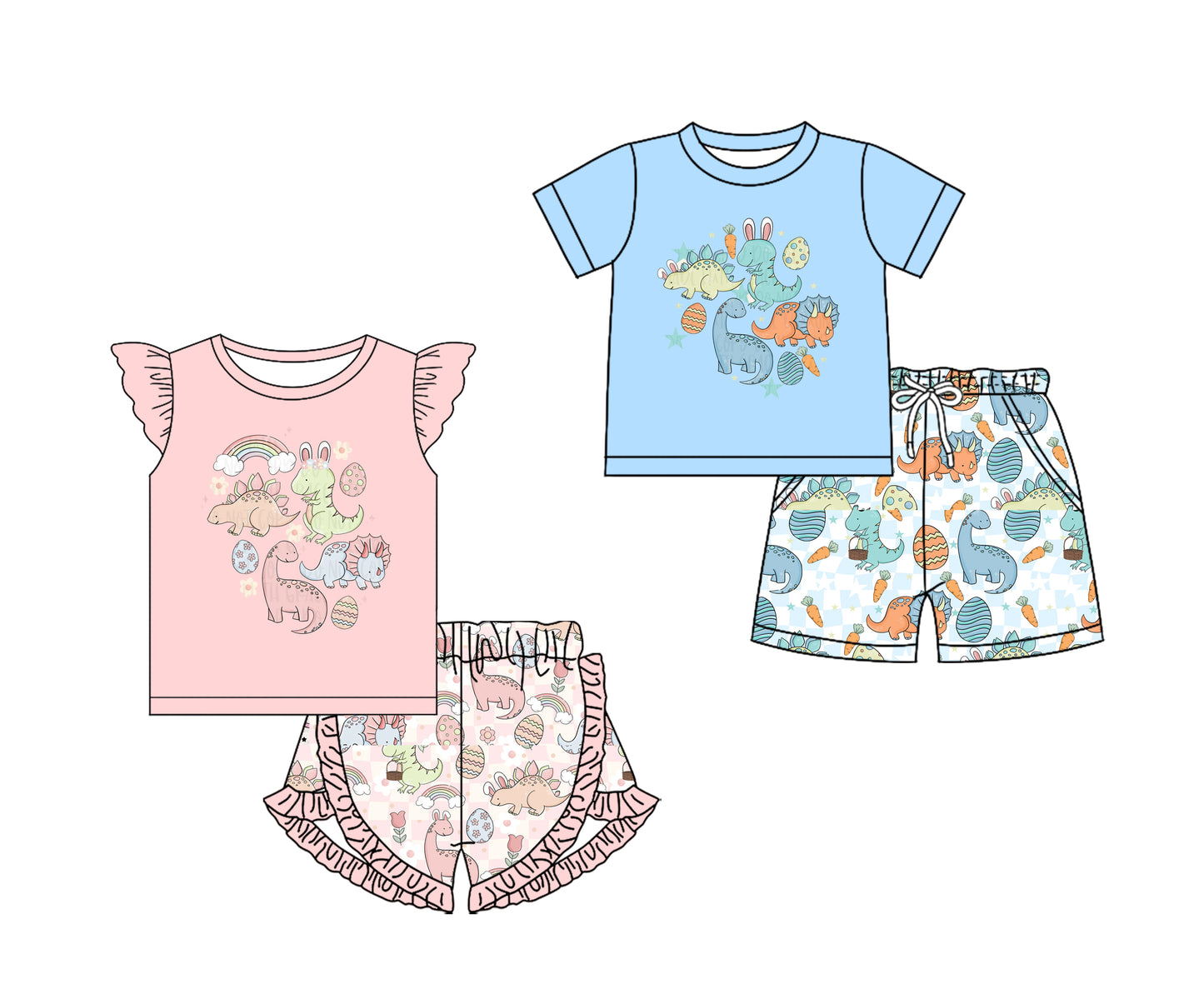 11.26 custom each style moq 5eta 4-6week Sibling Sister dinosaur baby girl short sleeve shorts fish sets 1 and easter sets 2 match design
