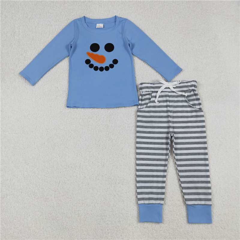 Baby Kids Snowman Face Collection - Magenta Peplum Stripe Set & Blue Tee Stripe Pants