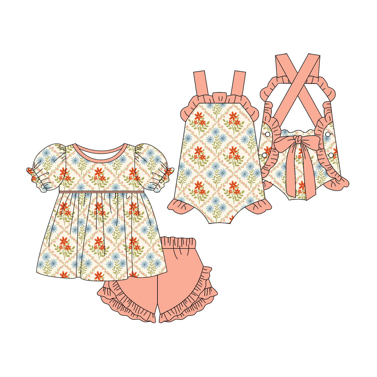 3.23 Custom moq 5 mix size Sibling Baby Girl's Flowers Short Sleeves Top And Ruffle Short Set Cute Romper for Summer